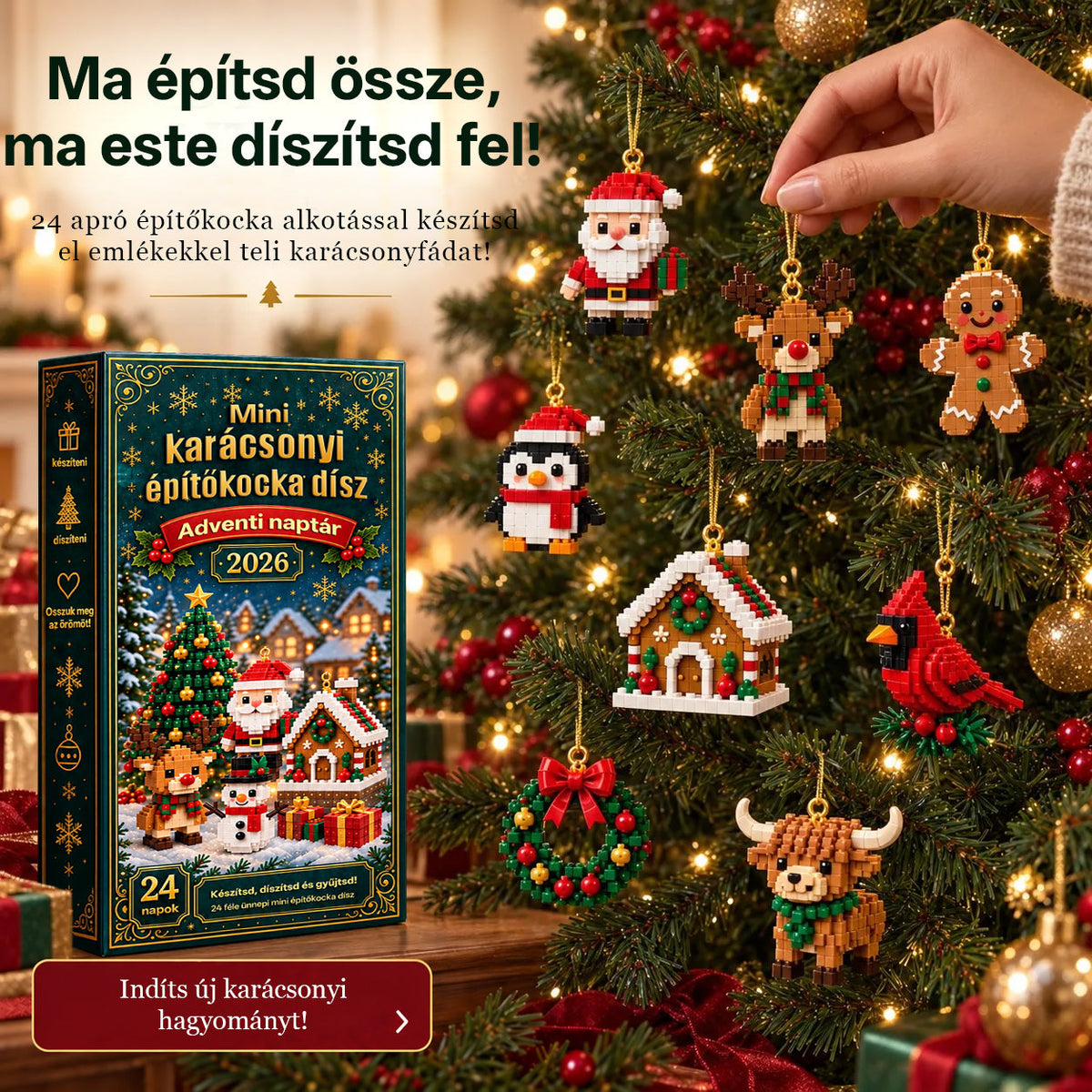 Billhol® 24 részes mini adventi naptár karácsonyi díszekkel | 24 egyedi, ünnepi minta saját kezű összeállításhoz, akasztókkal együtt – tökéletes karácsonyfák, koszorúk és ünnepi dekorációk díszítésére🐮
