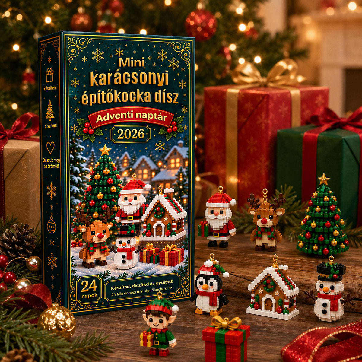Billhol® 24 részes mini adventi naptár karácsonyi díszekkel | 24 egyedi, ünnepi minta saját kezű összeállításhoz, akasztókkal együtt – tökéletes karácsonyfák, koszorúk és ünnepi dekorációk díszítésére🐮